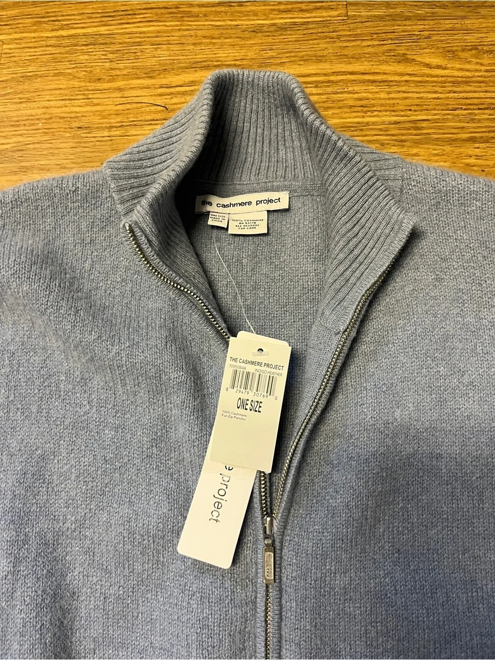 NWT The Cashmere Project 100% Cashmere Zip Poncho Cape Slate Blue OS MSRP $496